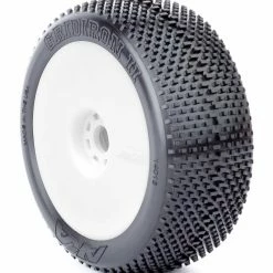 AKA PRODUCTS, INC. 1/8 Gridiron II Super Soft Long Wear Pre-Mounted Tires, White EVO Wheels (2): Buggy for Tires & Wheels