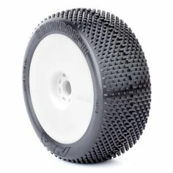 AKA PRODUCTS, INC. 1/8 Gridiron II Soft Long Wear Pre-Mounted Tires, White EVO Wheels (2): Buggy for Tires & Wheels