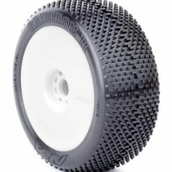 AKA PRODUCTS, INC. 1/8 Gridiron II Medium Long Wear Pre-Mounted Tires, White EVO Wheels (2): Buggy for Tires & Wheels