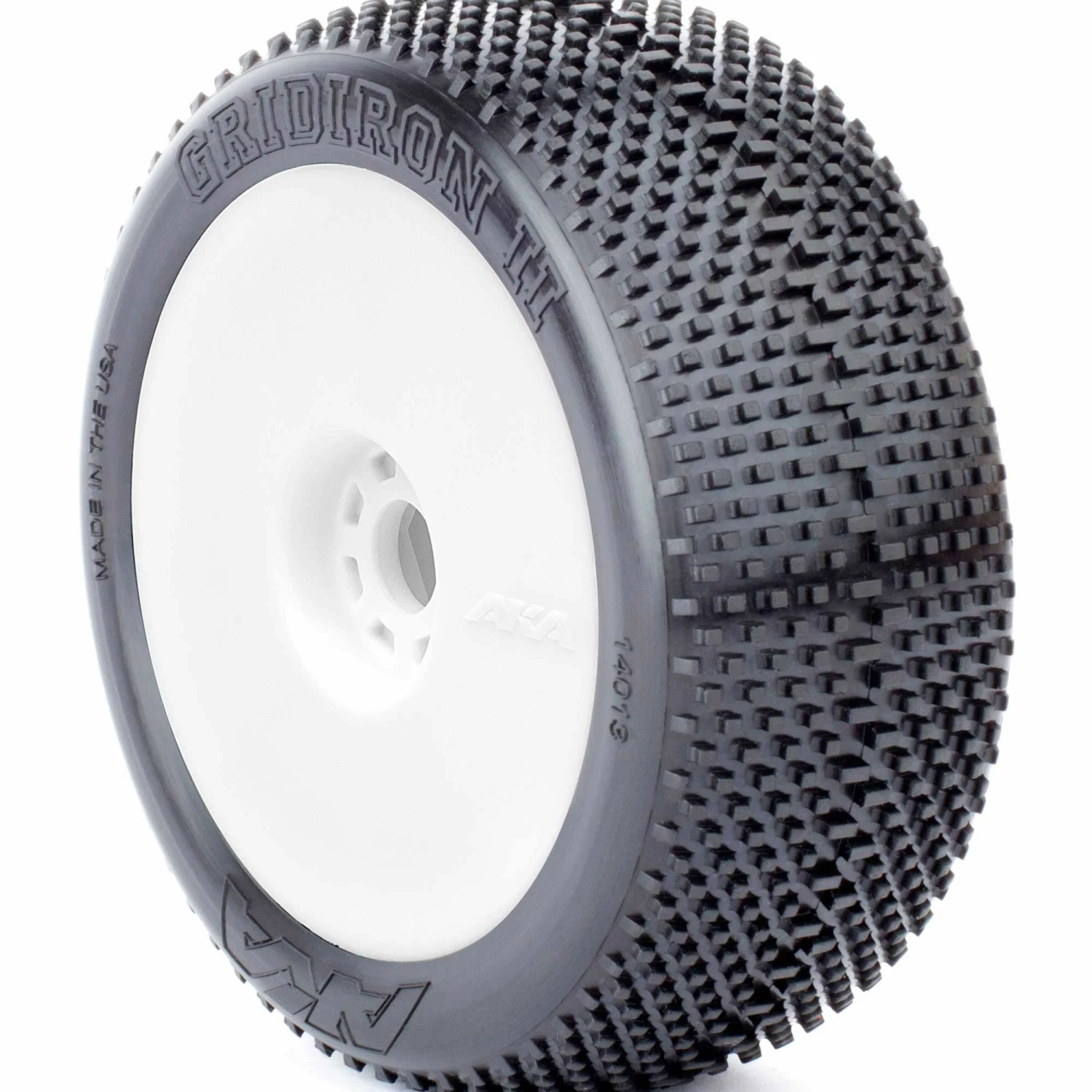 AKA PRODUCTS, INC. 1/8 Gridiron II Medium Long Wear Pre-Mounted Tires, White EVO Wheels (2): Buggy for Tires & Wheels